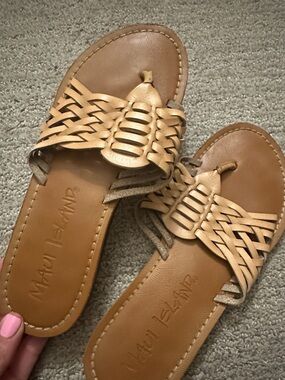 Tan Woven Leather Slide Sandals